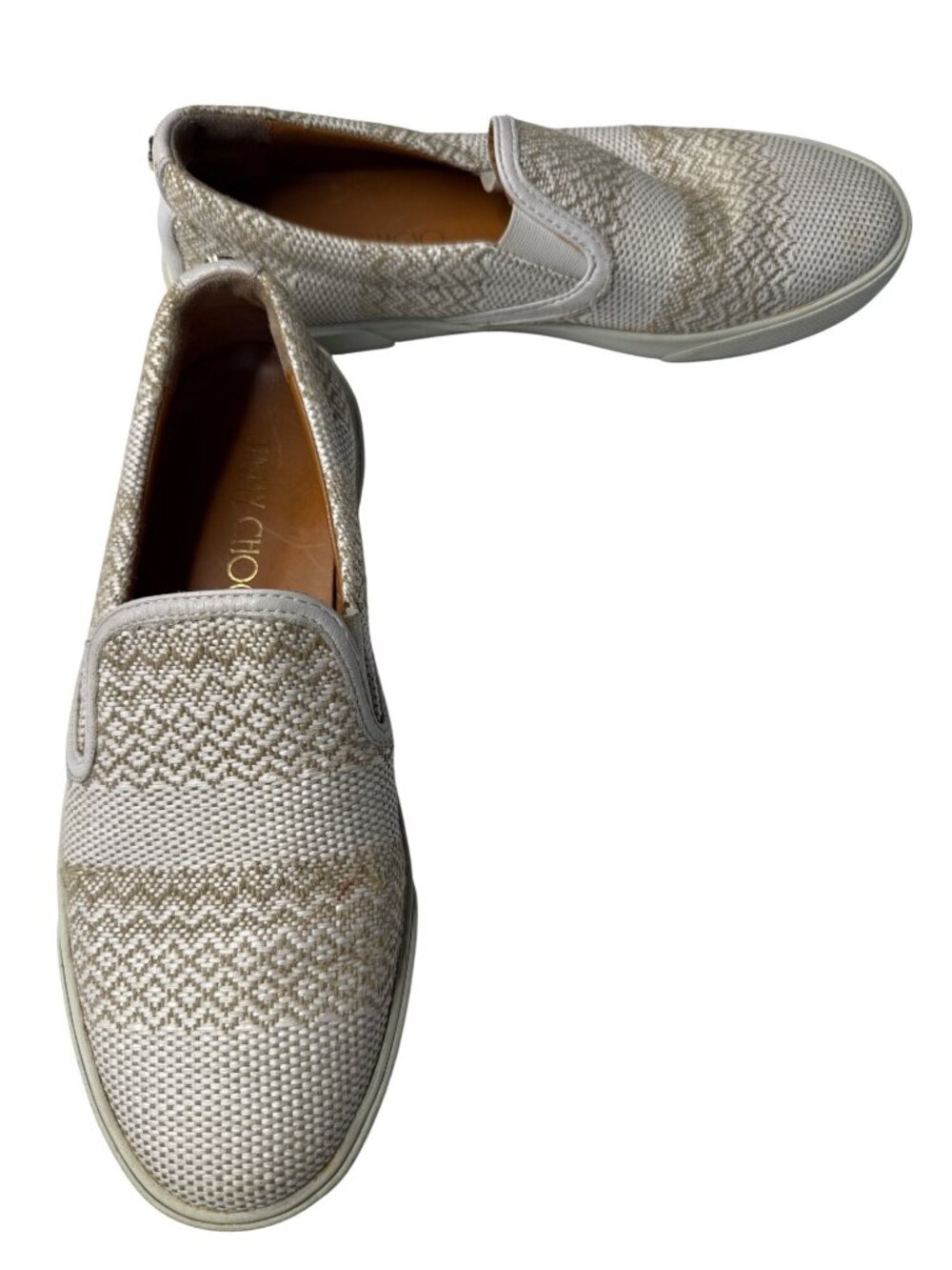 Jimmy Choo Gold/White Slip-On Sneakers Textured Zigzag Pattern Casual Shoes 37.5